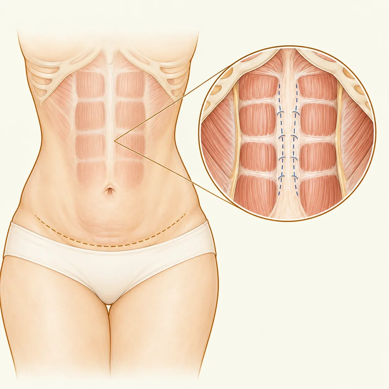 Ilustração do abdome com marcação de planejamento e detalhe esquemático da aproximação da parede abdominal.