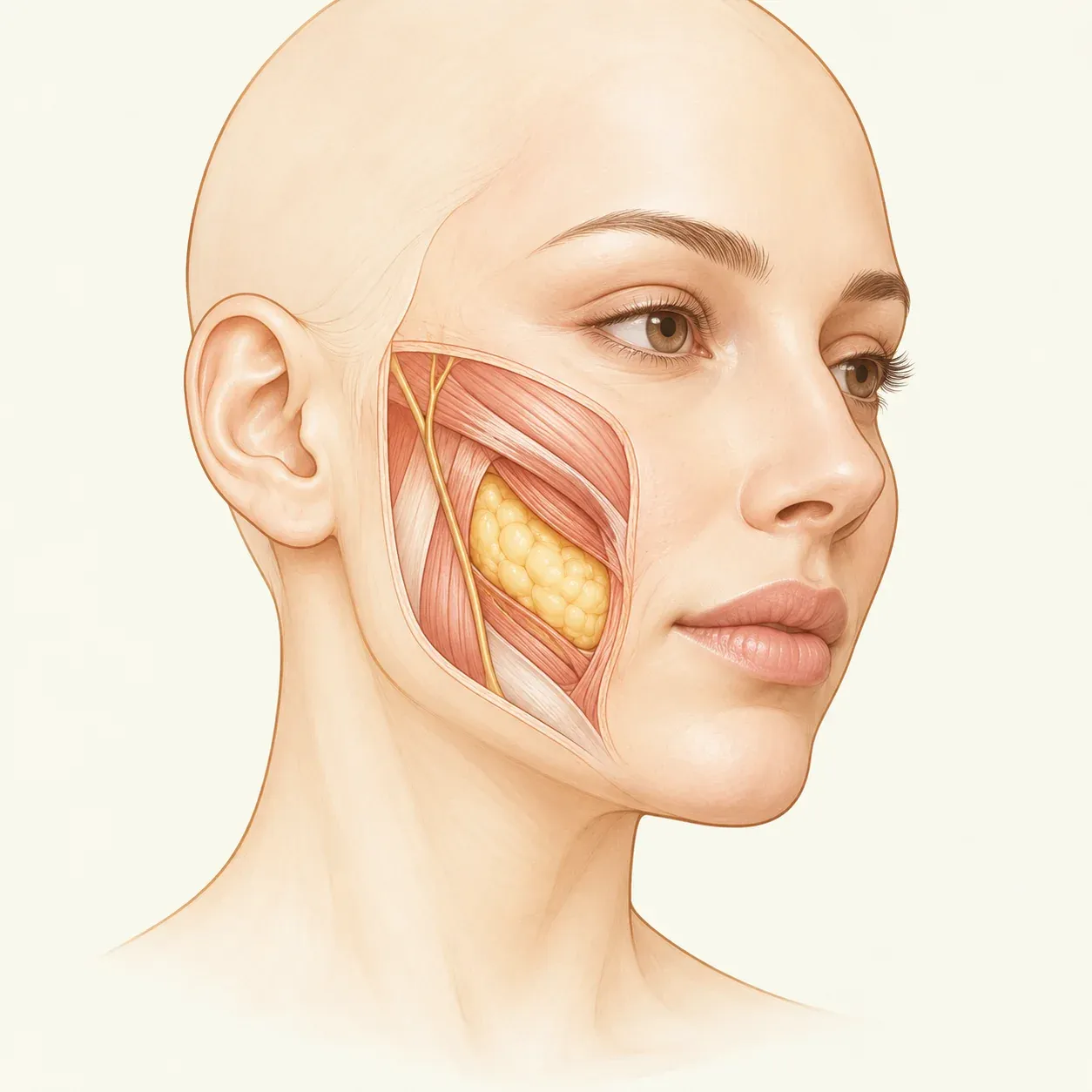 Ilustração da face com detalhe esquemático da gordura profunda da bochecha.