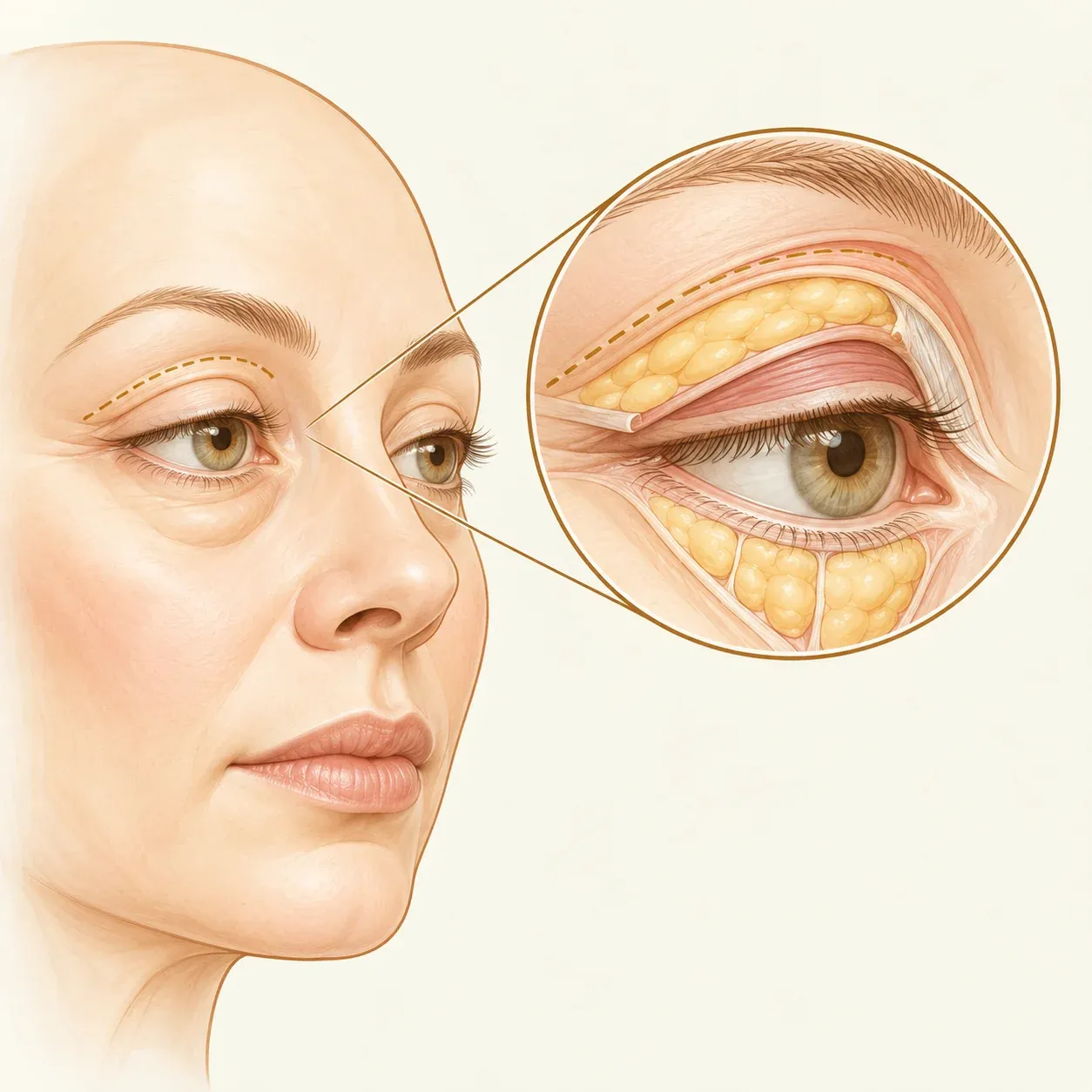 Ilustração das pálpebras com detalhe esquemático das dobras de pele e dos compartimentos de gordura ao redor do olho.