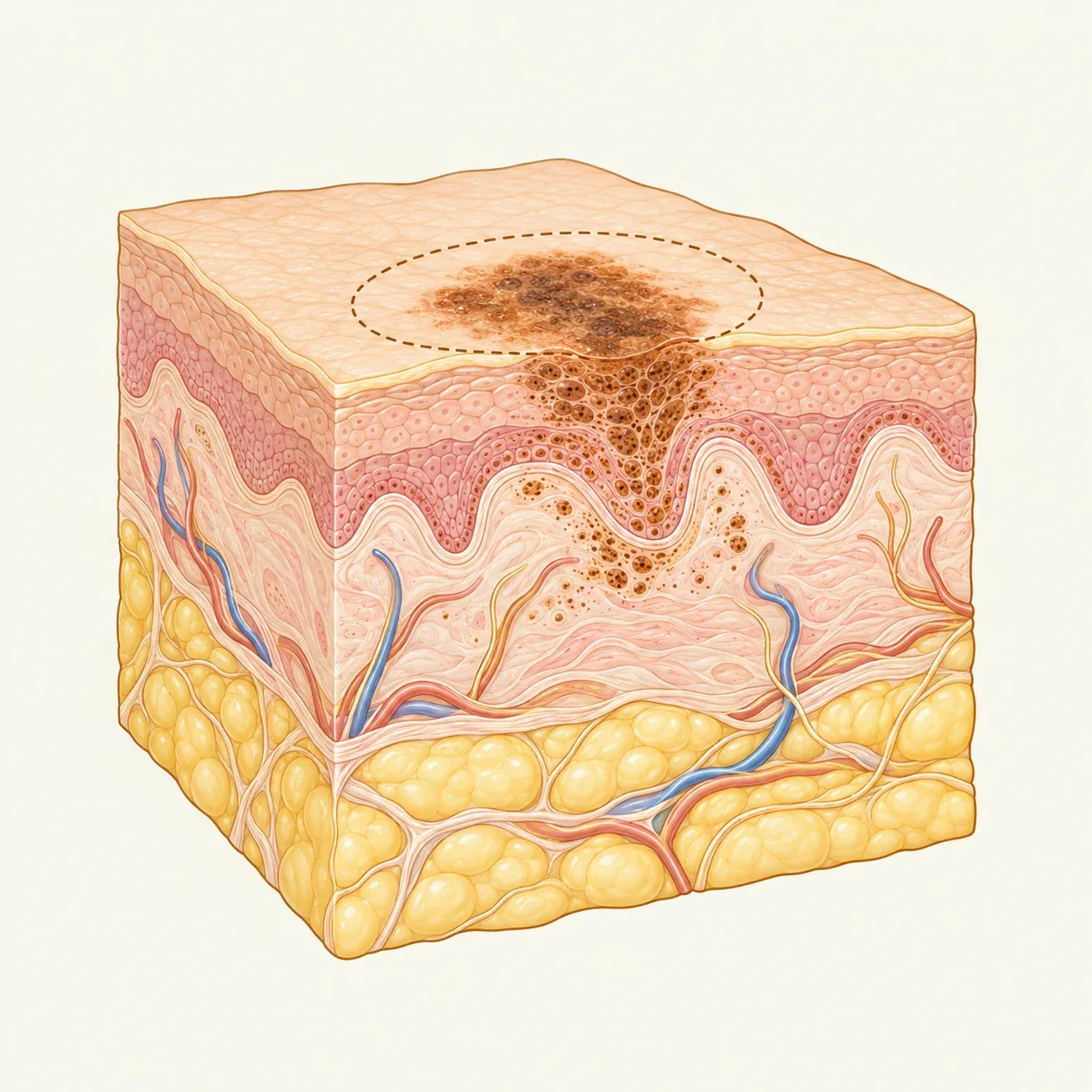 Corte esquemático da pele com lesão pigmentada e demarcação ilustrativa ao redor, sem representar uma margem cirúrgica padronizada.