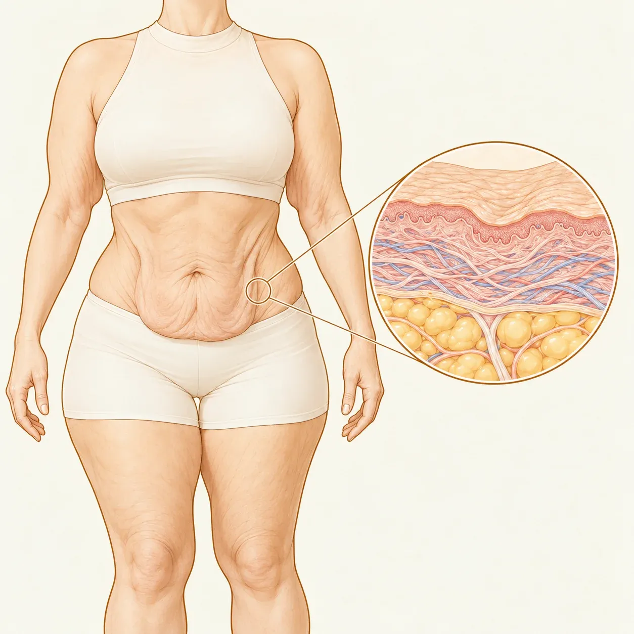 Ilustração de flacidez de pele no abdome e nos braços após grande perda de peso, com detalhe dos tecidos.