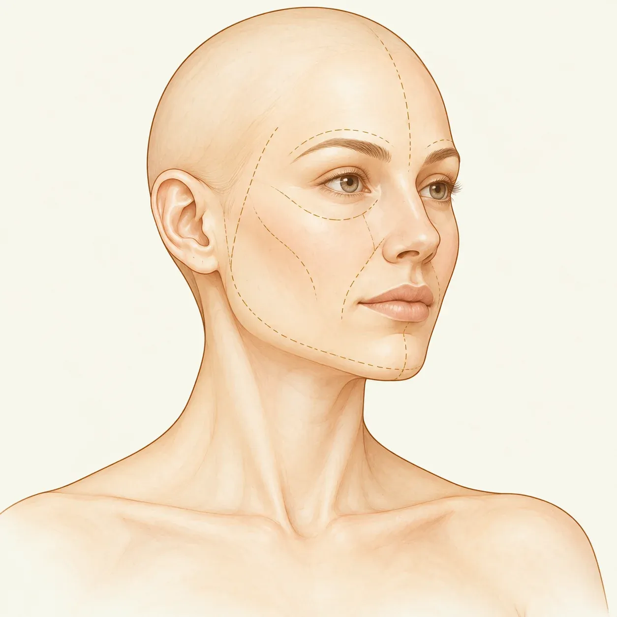 Ilustração de um rosto com linhas de referência para avaliação das proporções faciais.