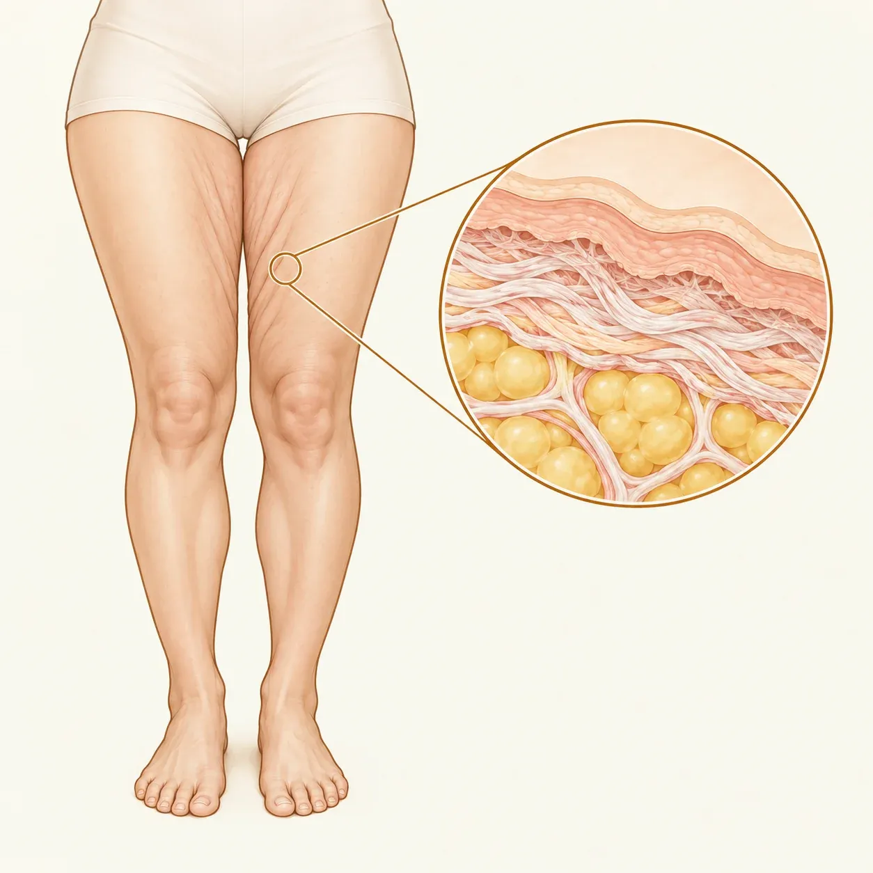 Ilustração das coxas com flacidez de pele e detalhe das camadas da pele e da gordura subcutânea.