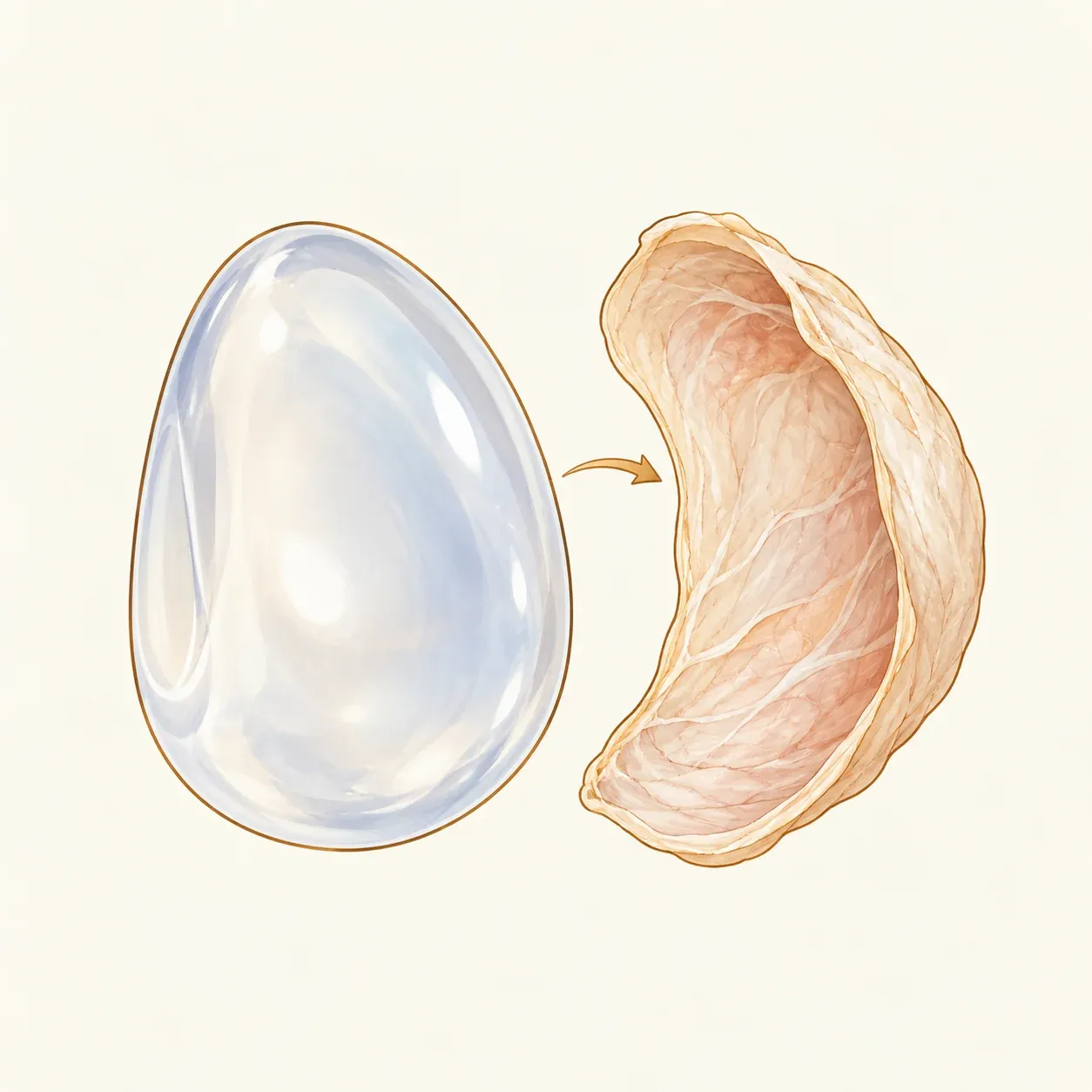 Ilustração de um implante de silicone e de uma cápsula fibrosa, representados separadamente.