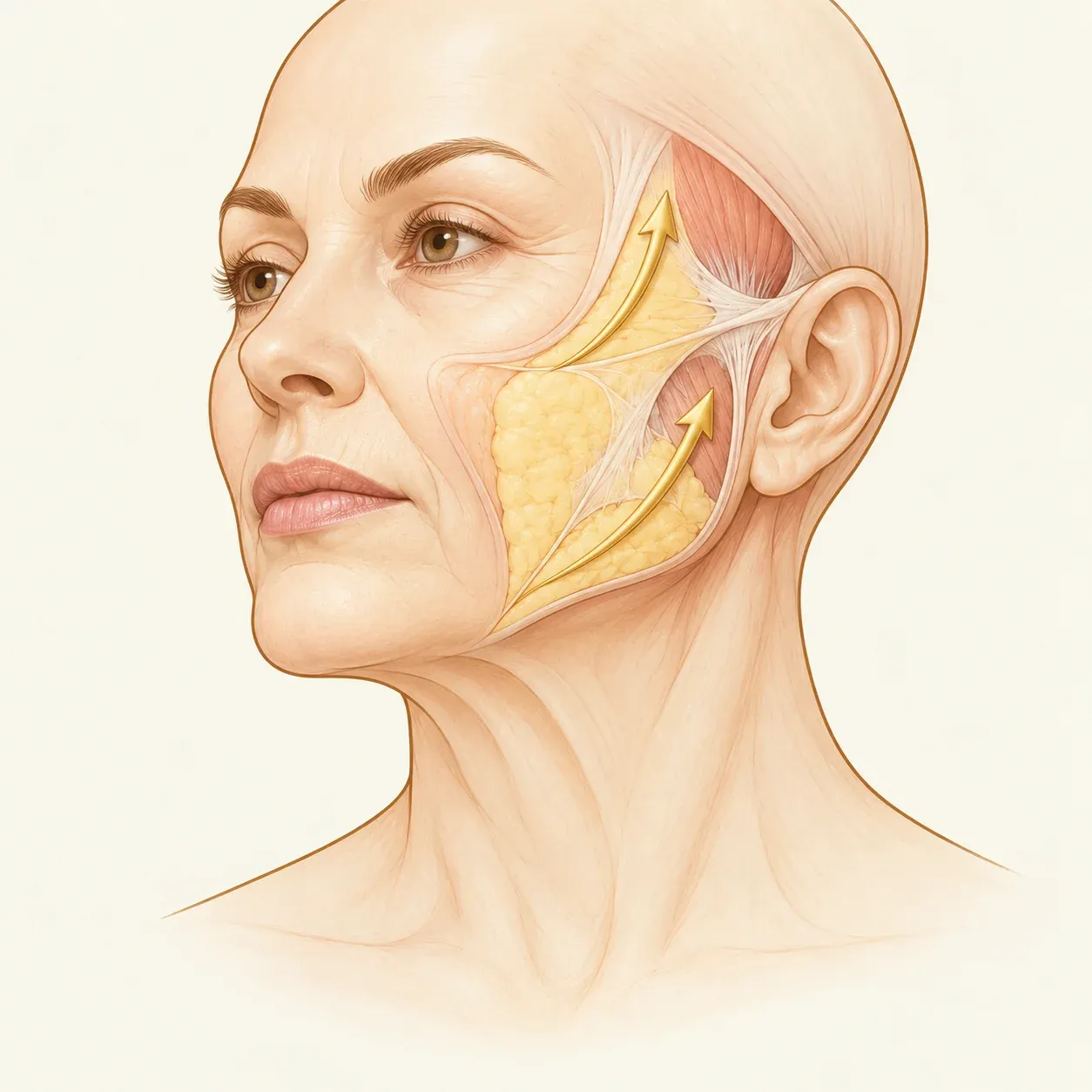 Ilustração da face e do pescoço com camadas de tecidos e setas esquemáticas de reposicionamento.