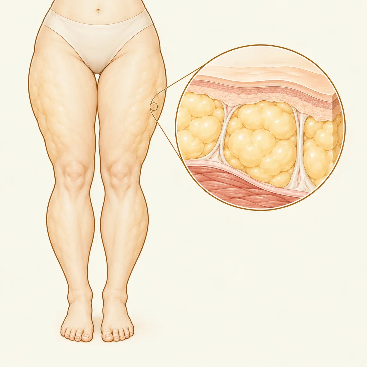 Ilustração de pernas com aumento simétrico do tecido subcutâneo e detalhe da camada de gordura.