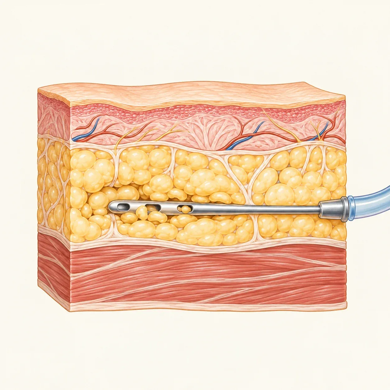 Corte esquemático da pele mostrando uma cânula de lipoaspiração na camada de gordura subcutânea.