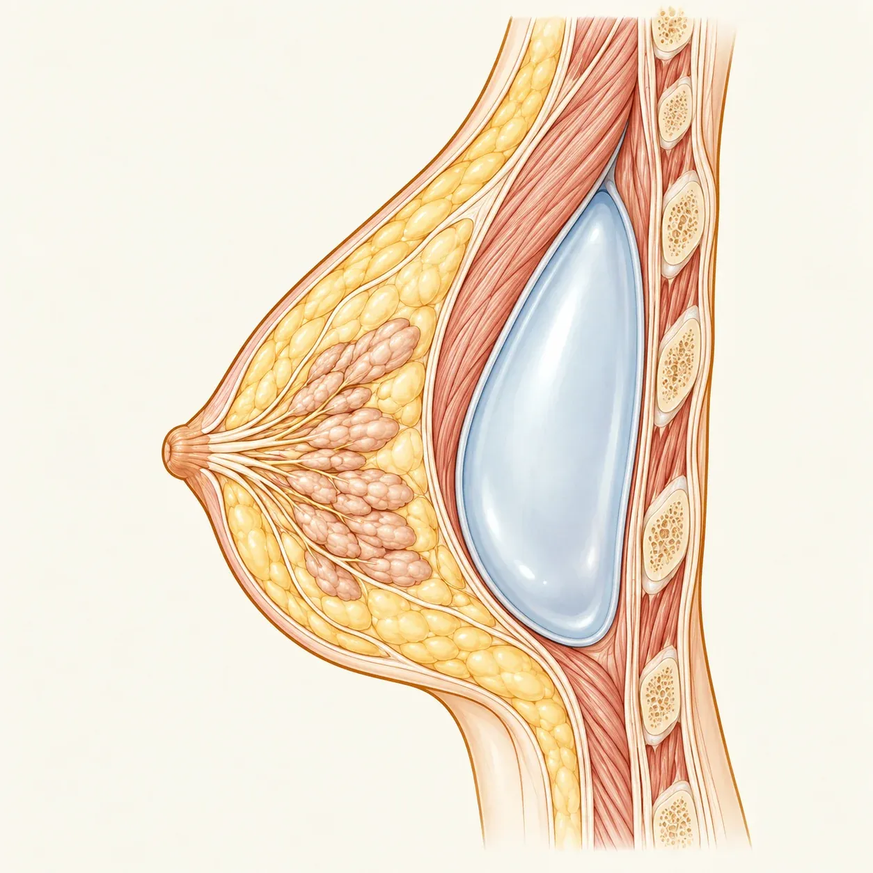 Corte esquemático de uma mama com implante de silicone atrás do músculo peitoral, uma das possibilidades de posicionamento.