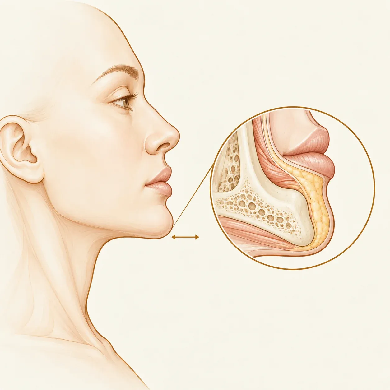 Ilustração do perfil do rosto com detalhe do osso e dos tecidos do queixo para avaliação da projeção.