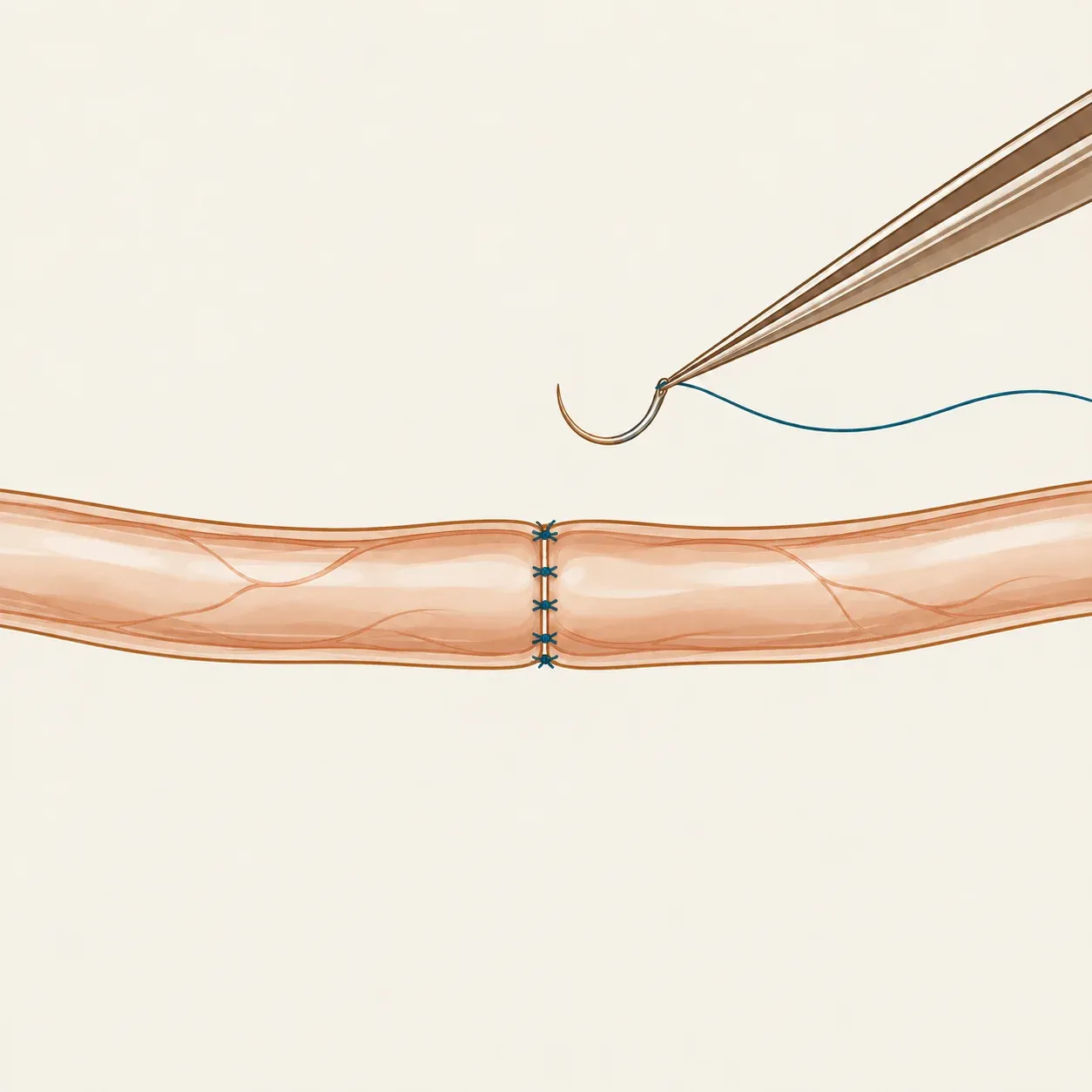 Ilustração esquemática: Esquema ampliado de uma sutura delicada entre vasos.
